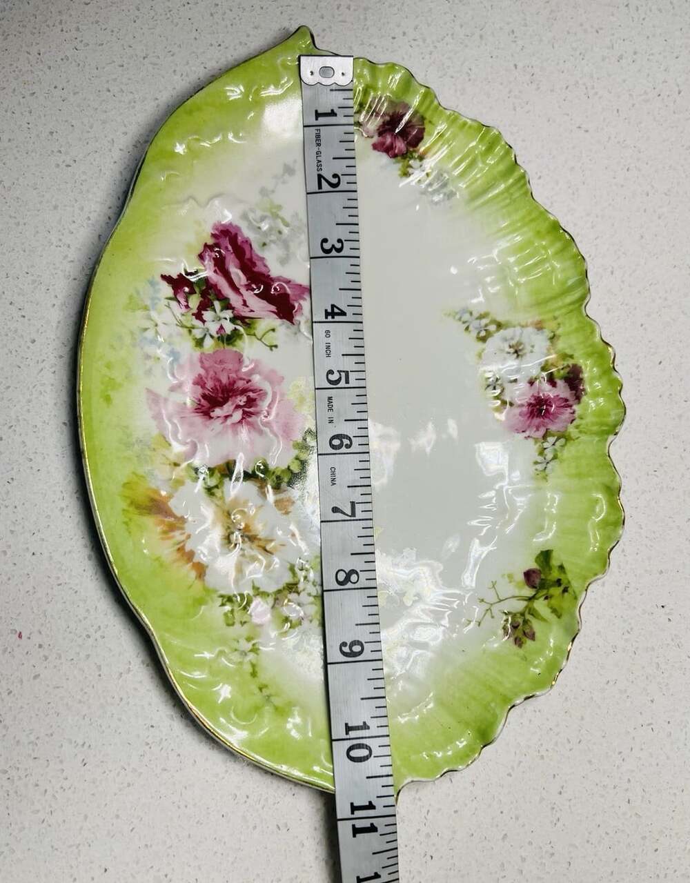 A Lanternier Limoges Floral Oval Serving Bowl 11” Green Gold Trim - Picture 6 of 6